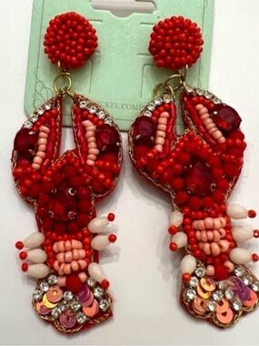 Red Beaded Lobster Dangle Earrings - Women Jewelry